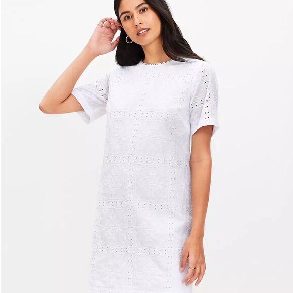 LOFT Eyelet Scalloped Neck Mini Dress - Size 6 - Picture 1 of 6
